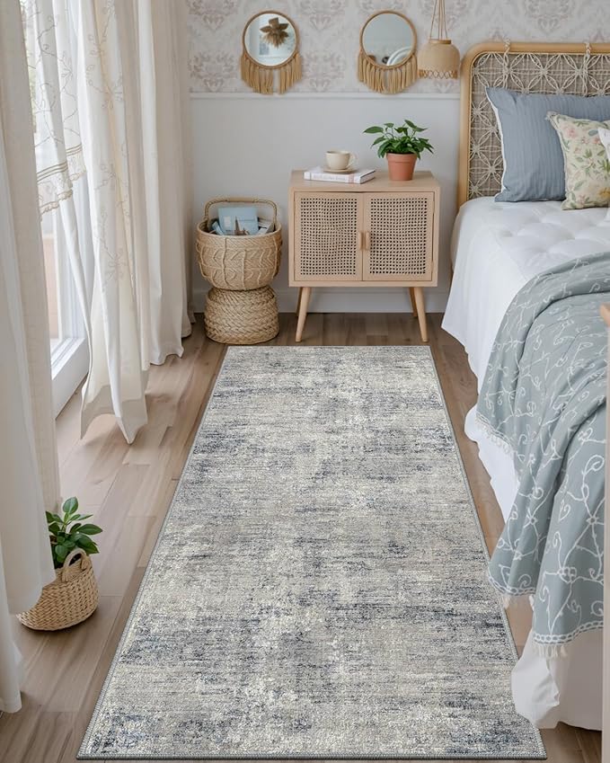 DEXI Hallway Runner Rug 3x10, Modern Abstract Non Slip Thin Soft Runners Carpet, Stain Resistant Washable Indoor Rug for Hallway Entryway Kitchen Laundry Room Living Room, Blue