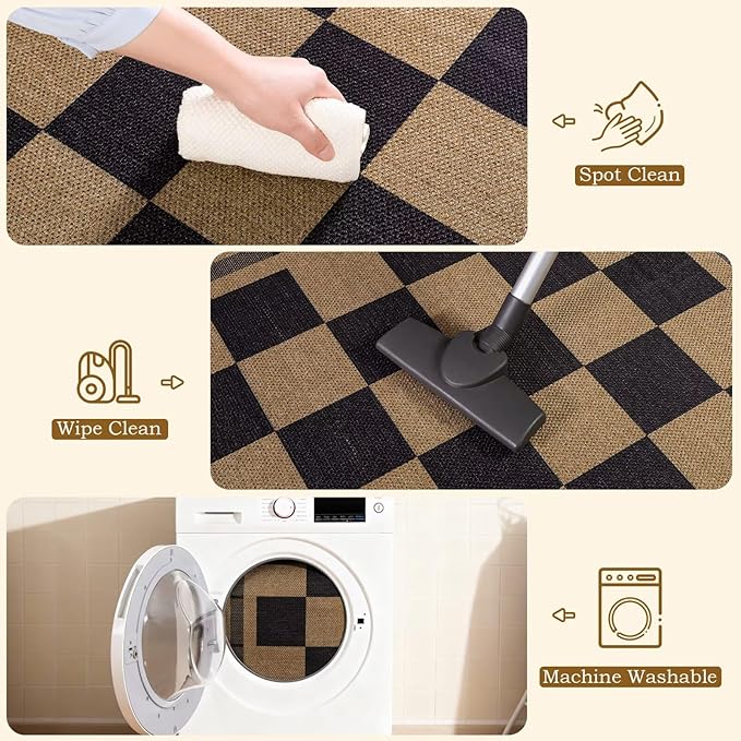 Checkered Jute Rugs, 6x9 Large Washable Outdoor Patio Rug, Living Room Bedroom Dining Room Indoor Carpet, Non Slip Modern Farmhouse Design Neutral Geometric Porch Classroom Mat, Black and Brown