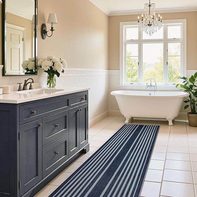 Beeiva Striped 2X6 Runner Rug for Bathroom, Washable Runners for Hallways Entryway, Blue Runner Rugs with Non Slip Rubber Backing, Soft Low Pile Floor Carpet for Indoor Kitchen Porch Bedroom