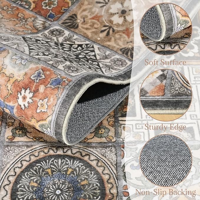 Washable Entryway Rug 3'x5 Non-Slip Backing Vintage Indoor Rug Low Pile Lighrweight Carpet for High-Traffic Indoor Entrance & Kitchen