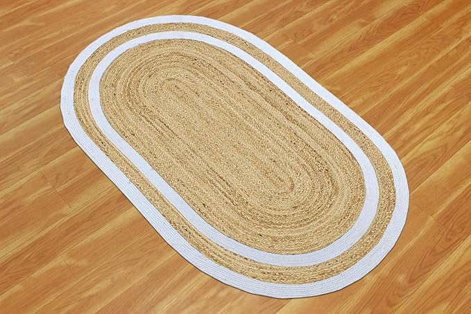 Oval Runner 2x6 Kilim Jute Runner Natural Oval Thick 0.27" Solid Design Beige White Hand Braided Jute Flatweave Mat Handmade Boho Indoor Outdoor Rugs for Kitchen Enterway