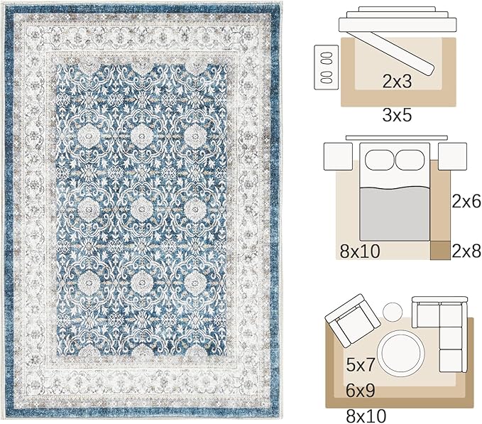 jinchan Floral 6x9 Area Rug for Living Room - Machine Washable Vintage Distressed Boho Design Throw Rug Stain Resistant Carpet Low-Pile Thin Non-Slip for Bedroom Dining Room Nursery (6‘x9', Dark Blue)