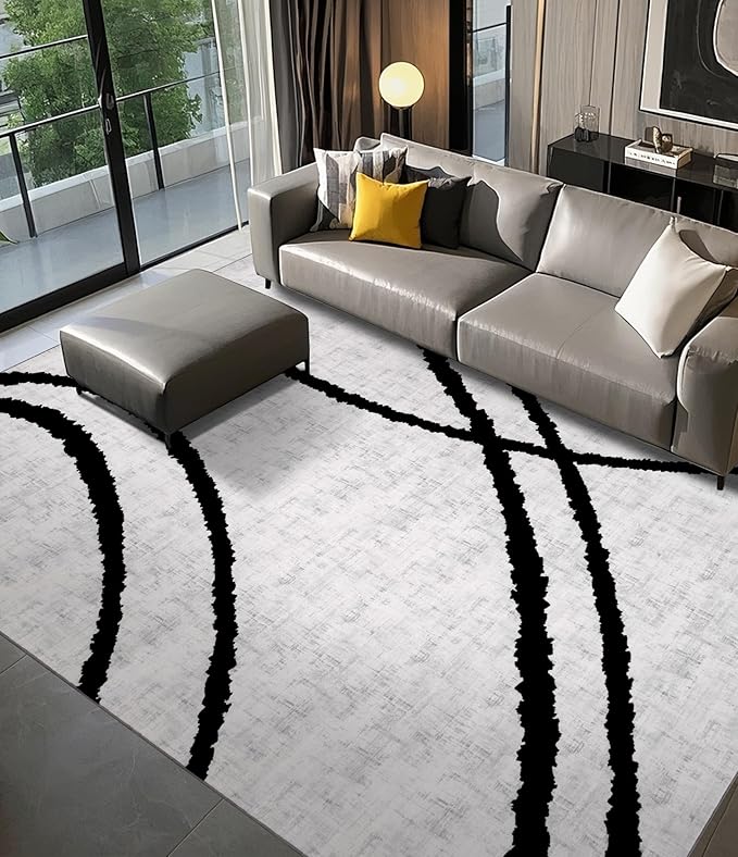 YIHOUSE Modern Area Rugs 6x9, Washable Black and White Rug, Thin Abstract Geometric Minimalist Striped Rug, Black Rugs for Living Room,Bedroom,Kitchen,Dining Room,Office