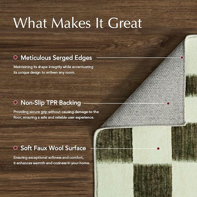 EVERGRACE Checkered Plaid Area Rug 6x9, Soft Fuzzy Faux Wool Rugs Washable Anti Slip Rugs Large Rug Carpet for Entryway Bedroom Living Room Hallway Kitchen Dining Room and Laundry Room, Olive Green