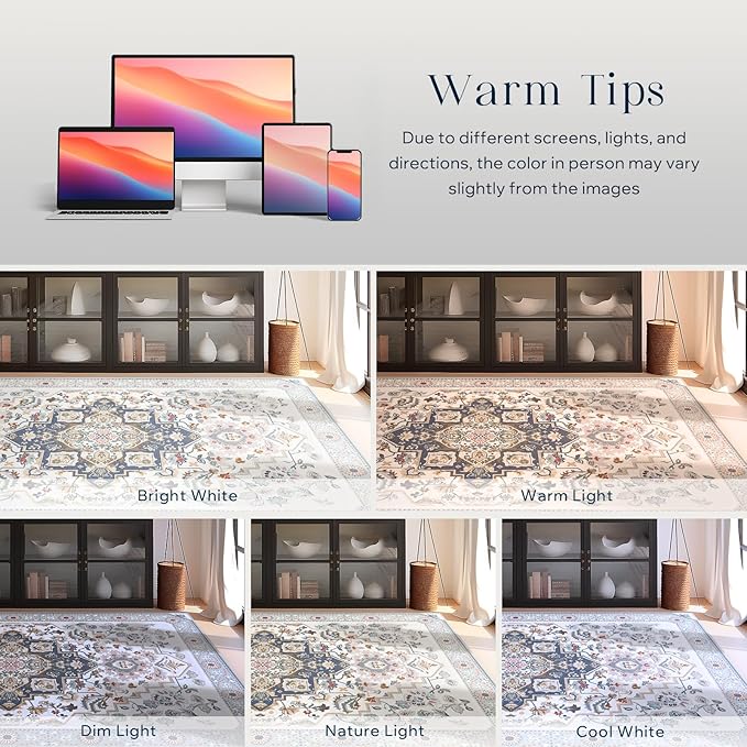 Phantoscope Washable Area Rug 6'x9' Non-Slip, Vintage Boho Rugs for Living Room, Bedroom, Dining Room, Persian Floral Medallion Pattern, Low-Pile Foldable Floor Carpet, Ivory Blue/Garden Bloom