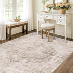 Washable 4x6 Rug for Small Living Room, Area Rug for Kitchen, Bedside, Large Entryway Indoor - Stain Resistant Non Slip with Rubber Backing, Unique Floral Aethestic Décor, Light Brown & Beige