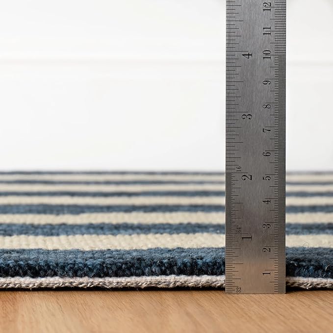 Dash & Albert Silas Stripe Navy Hand Micro Hooked Wool Rug, 7.5 X 9.5 Feet, Blue Stripe Pattern - Premium Luxury Hotel Quality Soft Breathable Hypoallergenic Machine Washable Easy Care All Season