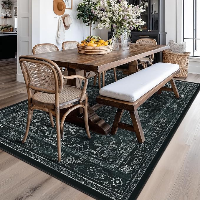 Vintage Black Washable Area Rugs 5x7 for Living Room, Distressed Medallion Printed Rugs for Bedroom, Non Slip Washable Low Pile Thin Carpet Rugs for Dining Room/Kitchen/Foyer/Home Office