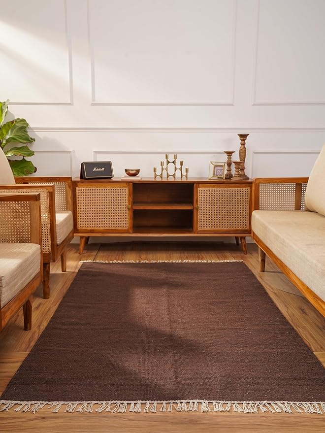 Rugsotic Carpets Hand Woven Flat Weave Kilim Wool ECO-Friendly Area Rugs - 3'x5', Rectangle Shape, Dark Brown Color, Solid Plain Design, Low Pile Handmade Rugs for Living Room, Bed Room (D00111)
