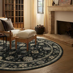 Washable Round Area Rug 4ft - Charcoal Black Traditional Floral Living Room Circle Rug 4x4 Non-Slip Farmhouse Carpet Soft Vintage Boho Round Rugs for Bedroom Bathroom Kitchen Entryway