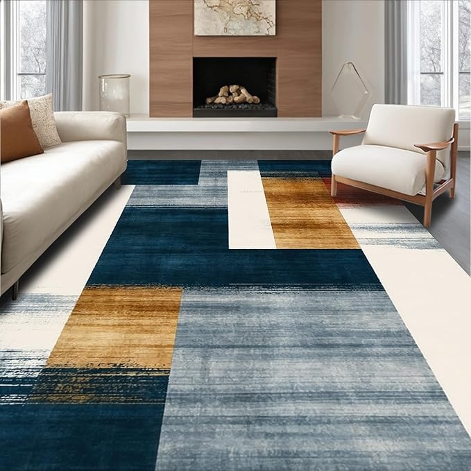Flatwoven High Traffic Area Rug 8x10, Eclectic Funky Ink Wash Design Abstract Area in Multi Tone, Non Slip, Stain Resistant, Washable Area Rugs for Living Room, Bedroom (Blue, 8x10)