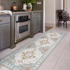 Moynesa Ultra-Thin Washable Runner - 2'6" x 8' Hallway Rug, Kitchen & Bathroom Carpet, Vintage Printed Low Pile Entryway Runner for Apartment, Camper, RV, Beige/Gold