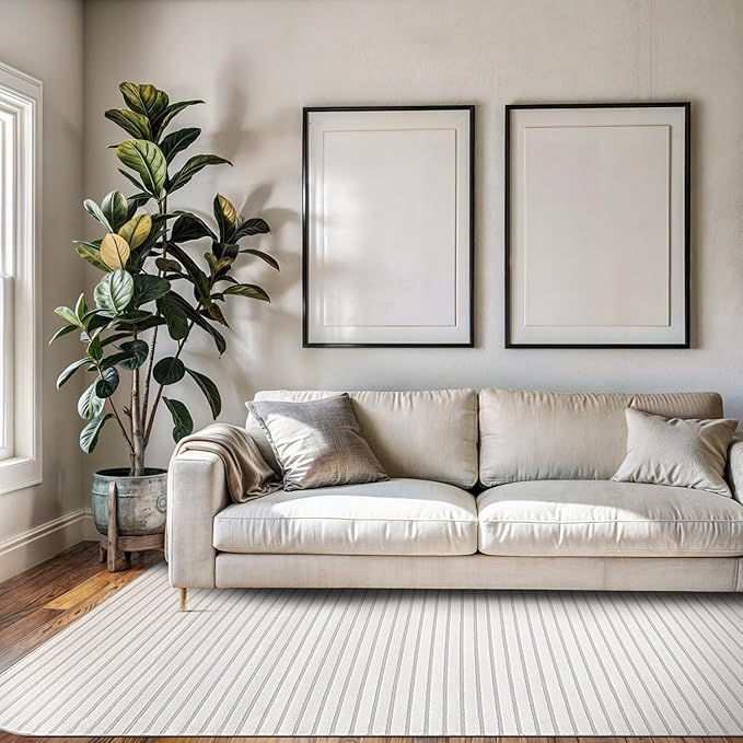 Beverly Rug Modern Geometric Area Rug 6x9 Low-High Pile Durable Soft Abstract Striped Indoor Rugs for Living Dining Room Office Stain Resistant Non Shedding Casual Indoor Carpet Beige White 6 x 9