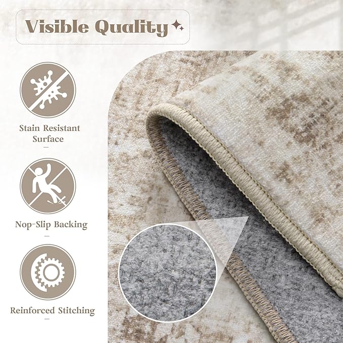 Area Rug 10x12 Washable Rug, Vintage Boho Medallion Rugs Non-Slip Soft Low Pile Large Distressed Rug Indoor Retro Carpet for Living Room Bedroom Dining Room Home Office (Brown, 10'x12')