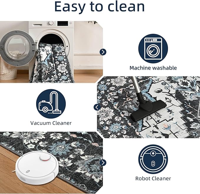 YJ.GWL Area Rugs for Living Room 5x7 Machine Washable Rugs, Non Slip Floral Vintage Rug Indoor Carpet, Stain Resistant Large Rug for Bedroom Dining Room, Black Grey Blue
