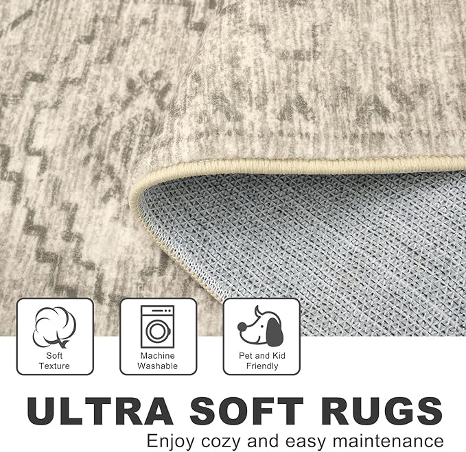 KILOCOCO Kitchen Runner Rug 2x6 Washable Runner Rug Soft Runners for Hallways Non Slip Printed Distressed Laundry Room Rugs, Low-Pile Runners for Entryway Bedroom Living Room, Beige/Gray/Green