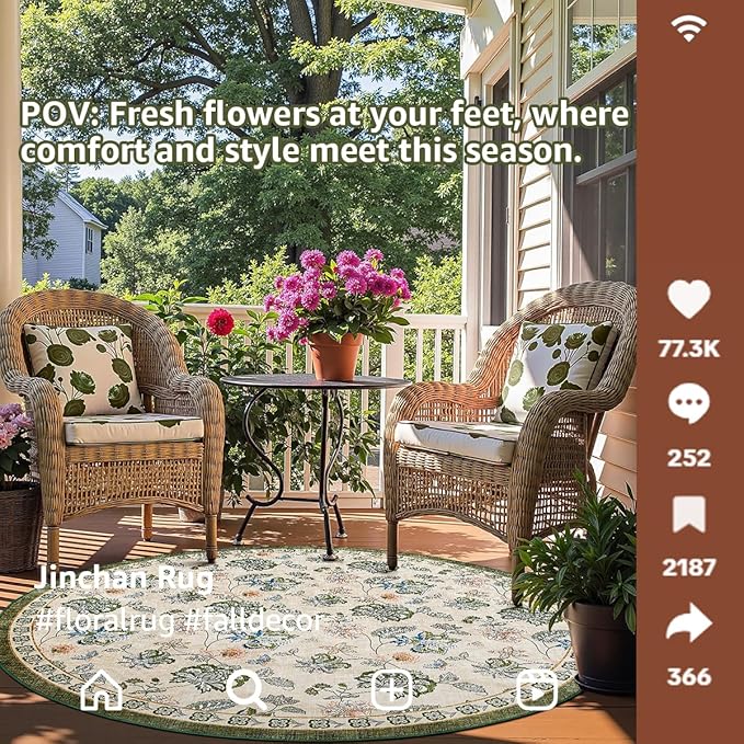 jinchan Elora 6ft Floral Round Rug for Dining Room Washable Living Room Rug Vintage Romance Design Non Slip Indoor Floor Cover Lightweight Low-Profile Throw Carpet for Bedroom Porch Patio, Green/Beige