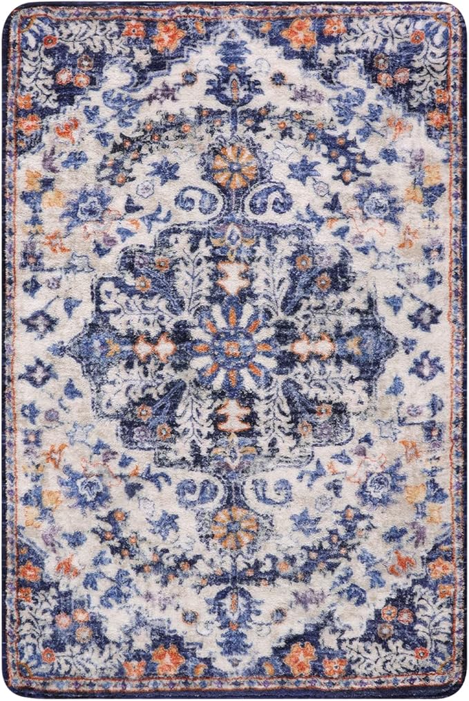 Lahome Bohemian Floral Medallion Area Rug - 2x3 Blue Small Kitchen Rug Machine Washable Front Door Rug, Soft Non Slip Indoor Floor Throw Carept for Bedroom Bathroom Mud Room Entry Way