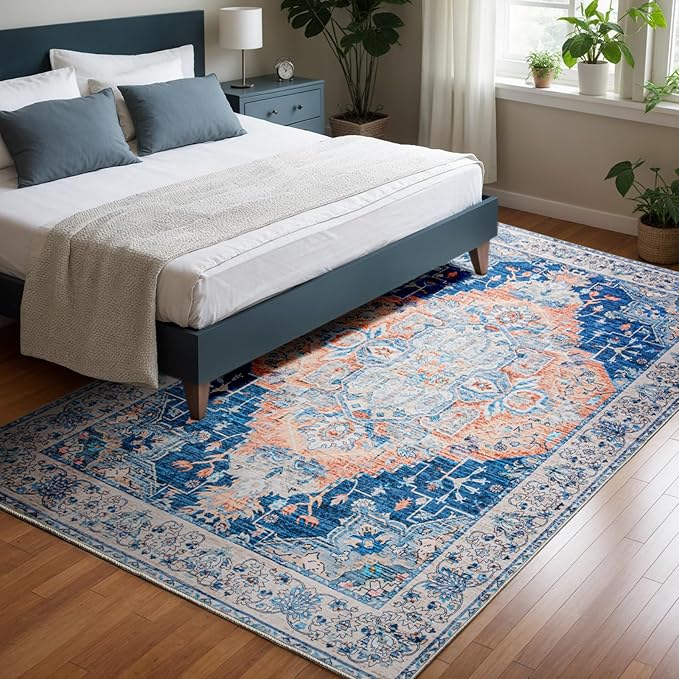 4x6 Washable Rug – Boho Non-Slip Indoor Area Rug for Living Room, Bedroom, Dining Room, Entryway –Navy and Orange Classic Medallion