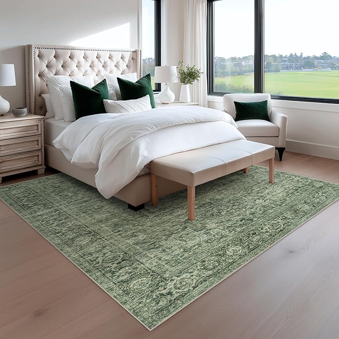 FMFUNCTEX 6x9 Washable Area Rug Green Vintage Neutral Distressed Oriental Large Non Slip Carpet for Living Room Bedroom Soft Low Pile Indoor Mat Retro Throw Rug for Dining Room Kitchen Office Nursery