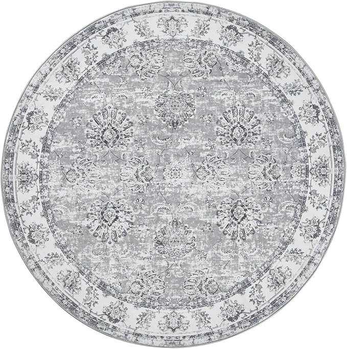 jinchan Fiora Round Rug 8ft Area Rug - Grey Vintage Floor Mat Indoor Ultra-Thin Soft Floral Print - Washable Circle 8' Retro Accent for Farmhouse Non Slip Dining Room Living Room Bedroom Office