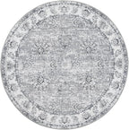 jinchan Fiora Round Rug 8ft Area Rug - Grey Vintage Floor Mat Indoor Ultra-Thin Soft Floral Print - Washable Circle 8' Retro Accent for Farmhouse Non Slip Dining Room Living Room Bedroom Office