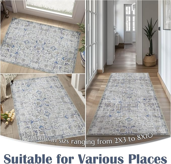 jinchan Kalen Runner Rug 2x7 Washable Area Rug Soft Vintage Hallway Indoor Floor Mat Thin Retro Distressed Carpet Blue Floral Country Non Slip Bathroom Kitchen Bedroom Living Room