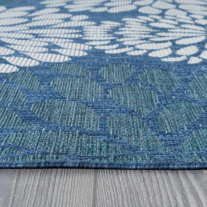 Beverly Rug Outdoor Rug 9x12 Modern Exotic Tropical Leaf Area Rugs for Indoor and Outdoor Patio Deck Porch Garden Water Resistant Washable Outside Carpet (9 x 12 Blue)