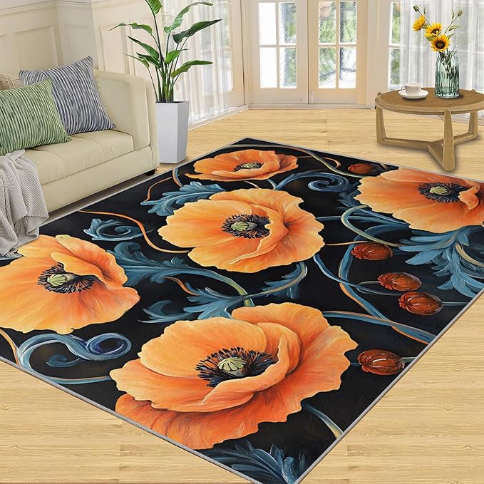 3x5 Poppy Dorm Rug - Retro Florals Art Small Rugs for Bedroom, Rustic Flowers Art Area Rug Washable Non Slip for Bedroom Kitchen Living Room Entryway