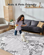 Washable Abstract Rug, 4x6 Classic Grey and White Floral Area Rugs with Non-Slip Rubber Backed for Bedroom, Low Pile Modern Throw Carpet Kitchen Living Room Decor