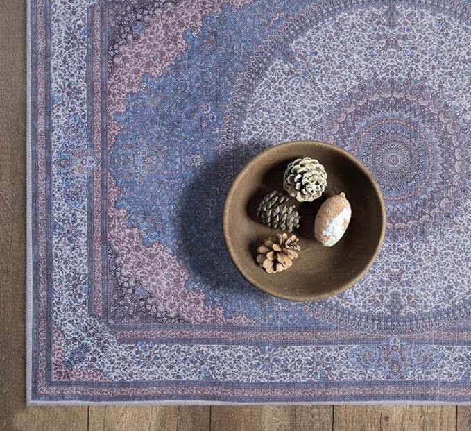 GLN Rugs Traditional Collection - Machine Washable Area Rug, Traditional Washable, Non Slip, Low Pile Chenille Rug, Living Room, Bedroom, Kitchen Rug (5' x 7' Navy/Off White)