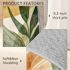 Boho Tropical Leaves Washable Living Room Area Rug, Low Profile Abstract Pattern, Non-Slip Backing Carpet for Kitchen, Bedroom, Dining Room