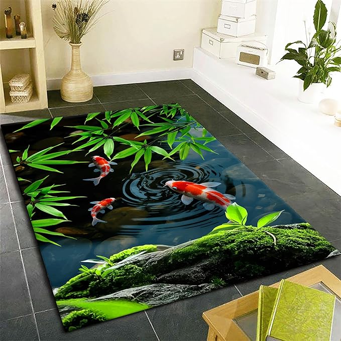 Pond Koi Fish Living Room Rug, 5x6ft, Summer Greenery Moss Stream Indoor Decor Carpet, with Non-Slip Backing Absorbent Thin Mat, Soft Easy Clean Washable Rugs for Office Entryway