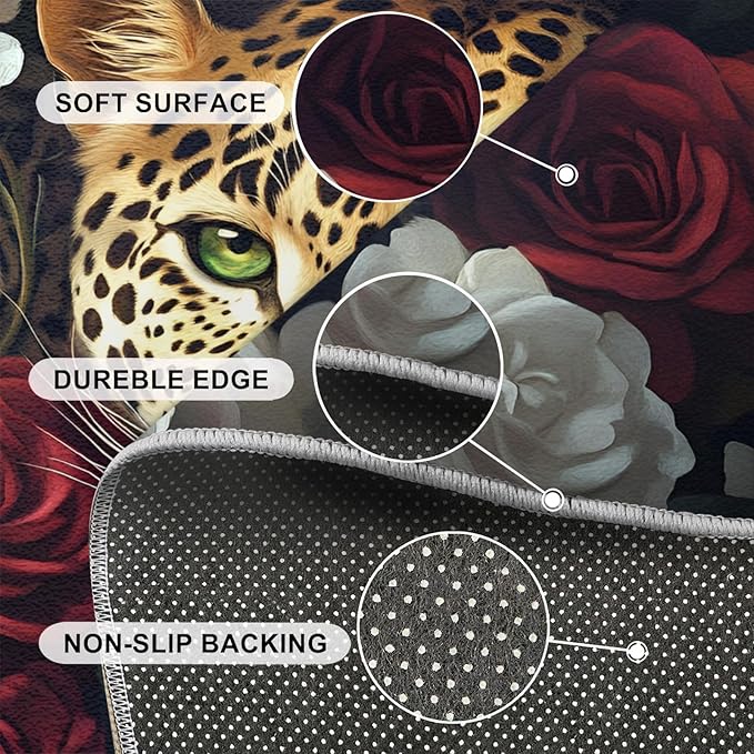 Leopard Rugs for Bedroom - 5x7 Area Rug - Flowers Leopard Rugs for Living Room, 3D Flowers Animal Rug, Washable Home Decor Carpet