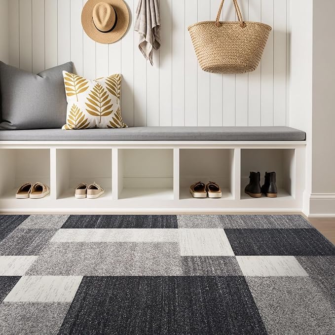 Rugshop Gray Modern Geometric Boxes Non-Slip Area Rug Non-Shedding for Dining Room, Bedroom and Living Room, 4' x 6'