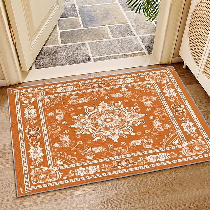 Mandala Rugs for Living Room -Vintage Floral Rug, 4x6 ft, Orange Mandala Living Room Rug, Boho Medallion Washable Area Rugs for Bedroom, Meditation Boho Ethnic Home Decor & Gifts