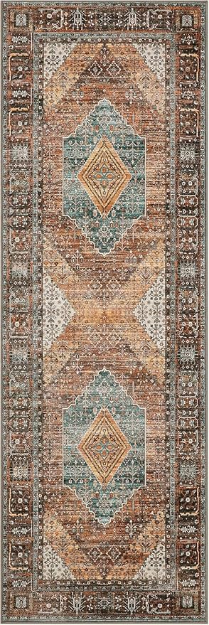 Bavni Runner Rug 2x7 Kitchen Rugs for Hallways Entryway, Washable Print Carpet, Low Pile Lightweight Rug with Non Slip Backing, Vintage Brown/Blue