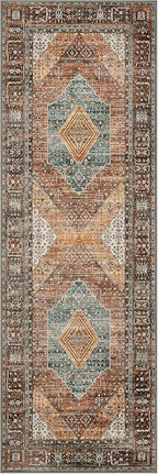 Bavni Runner Rug 2x7 Kitchen Rugs for Hallways Entryway, Washable Print Carpet, Low Pile Lightweight Rug with Non Slip Backing, Vintage Brown/Blue