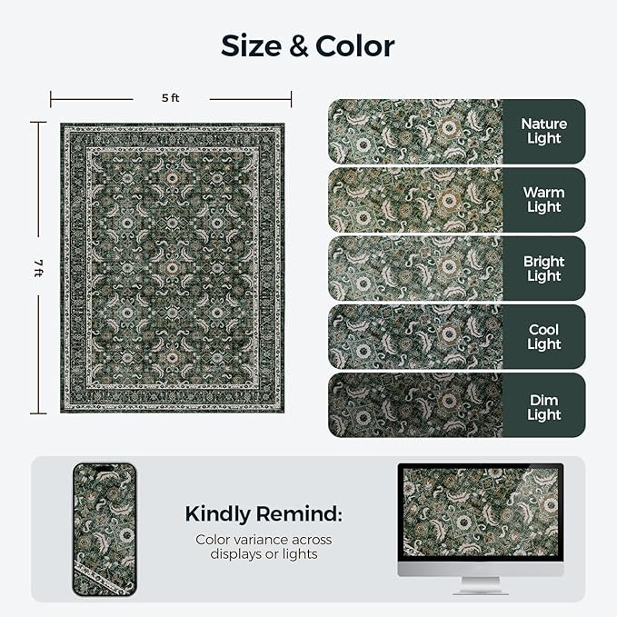WITSHOCK Living Room Area Rugs 5x7: Soft Non-Slip Backing Washable Rugs Vintage Large Carpet for Bedroom Office Dining Room Kitchen Stain Resistant Home Decor Rug, Dark Green
