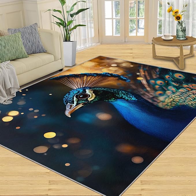 Peacock Area Rug 4x5-4x5 Rug, Wonderful Peacock Rugs for Living Room, Teal Turquoise Carpet, Peafowl Feather Washable Area Rugs for Bedroom, Aesthetics Carpet - Peafowl Home Decor & Gifts