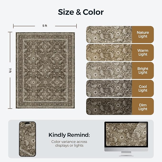 WITSHOCK Living Room Area Rugs 5x7: Soft Non-Slip Backing Washable Rugs Vintage Large Carpet for Bedroom Office Dining Room Kitchen Stain Resistant Home Decor Rug, Dark Brown