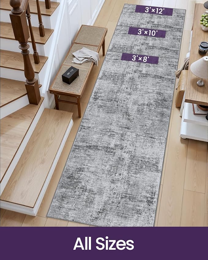 DEXI Hallway Runner Rug 3x10, Modern Abstract Non Slip Thin Soft Runners Carpet, Stain Resistant Washable Indoor Rug for Hallway Entryway Kitchen Laundry Room Living Room, Light Grey