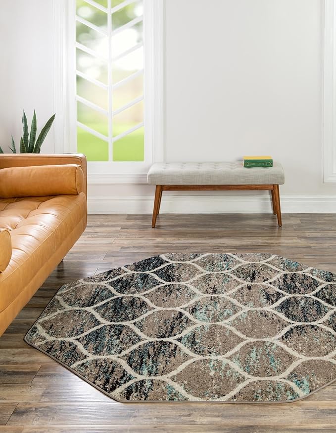 Rugs.com Lattice Frieze Collection Rug – 7 Ft Octagon Blue Multi Medium-Pile Rug Perfect for Living Rooms, Kitchens, Entryways
