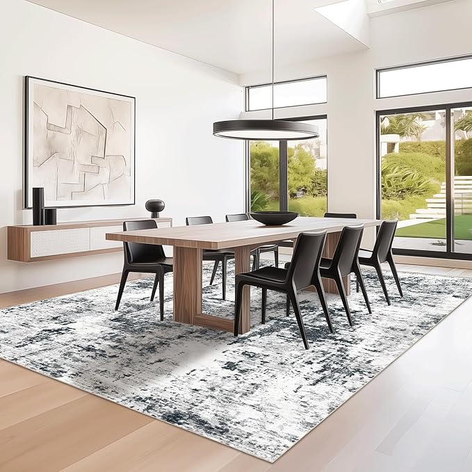 FMFUNCTEX 8x10 Washable Area Rug Black and Grey Neutral Abstract Modern Large Non Slip Carpet for Living Room Bedroom Soft Low Pile Indoor Mat Contemporary Accent Throw Rug for Dining Kitchen Nursery