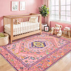 SERISSA 3x5 Boho Area Rug, Washable Non-Slip Rugs for Baby Girls Bedroom, Ultra Soft Cute Pastel Aesthetic Fuchsia Pink Rugs for Nursery Indoor Entryway Kitchen Office Kids Playroom Dorm Decor