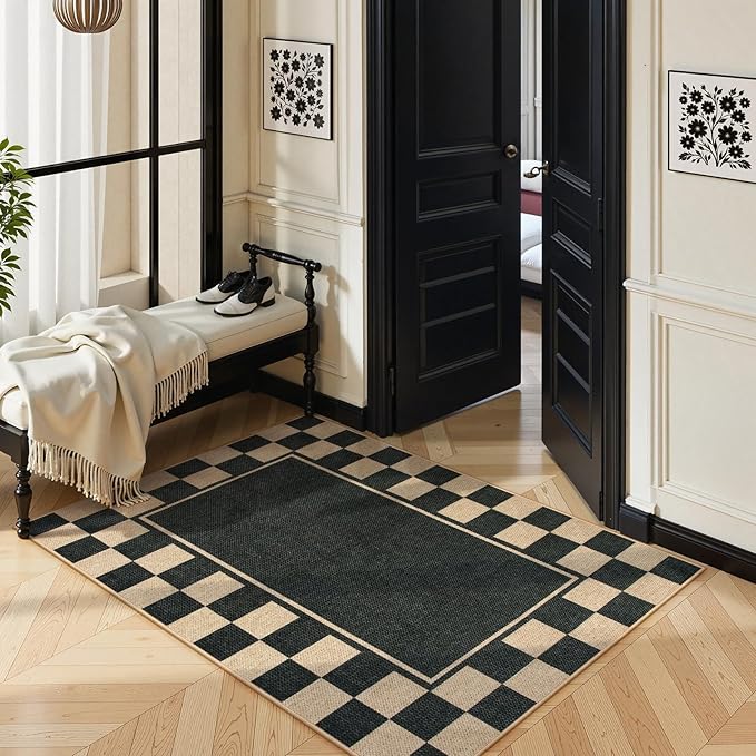 Moynesa Easy Jute Rug Checkered Outdoor Patio Rug 3x5, Washable Rugs for Entryway Non Slip Bordered, Indoor Outdoor Carpet for Living Room Bedroom Kitchen Farmhouse Backyard, Black