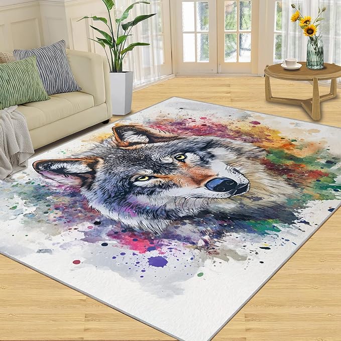 Wolf Rugs for Bedroom - 5x7 Area Rug - Graffiti Wolf Rugs for Living Room, Abstract 3D Animal Graffiti Rug, Washable Home Decor Carpet