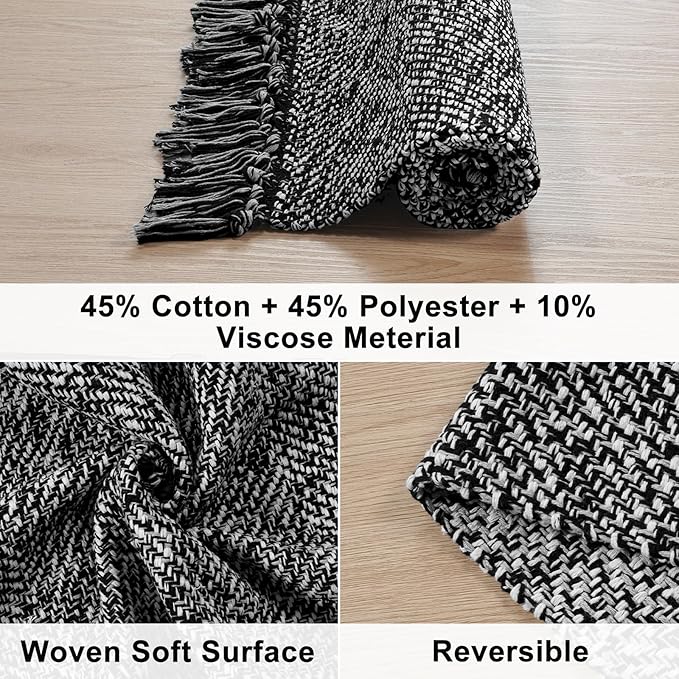 Collive Kitchen Runner Rug, 2' x 4.3' Cotton Hand-Woven Reversible Washable Rug, Black Bathroom Rugs Modern Farmhouse Hallway Carpet for Foyer Bedroom Entry Back Door Decor