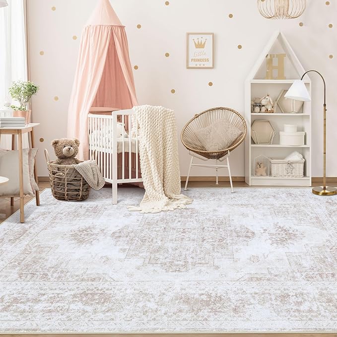 Area Rug 6x9 Living Room Rug, Machine Washable Vintage Distressed Medallion Rug Non-Slip Soft Low Pile Large Indoor Rugs for Bedroom Kitchen Dining Room Office(Beige,6'x9')