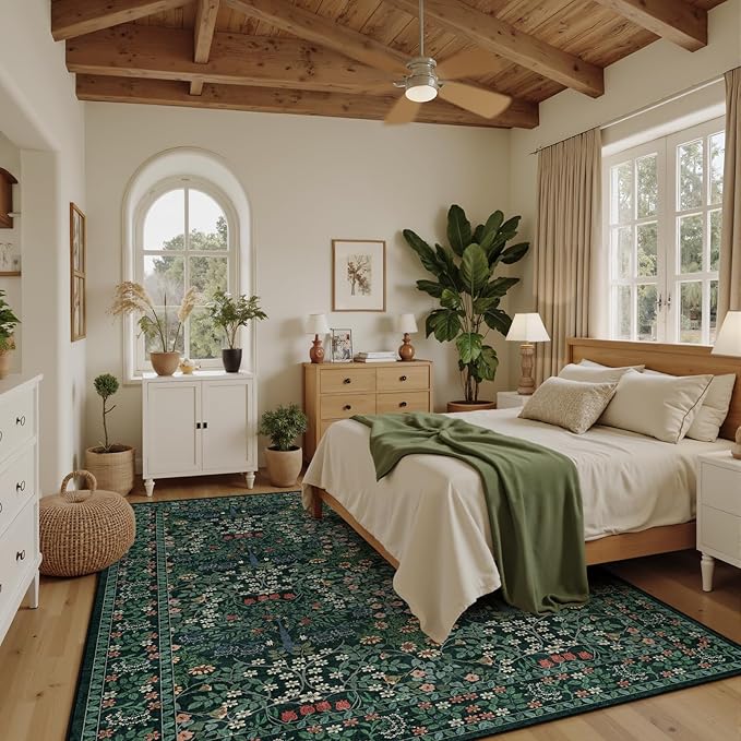 8x10 Area Rugs Living Room Rug - Floral Vintage Forest Washable Carpet, Low Pile Non-Slip Stain Resistance Boho Soft Large Carpet for Bedroom, Dining Room, Office, Farmhouse (8'x10' Dark Green)